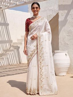 Akhilam - Womens Satin White Embroidered Saree