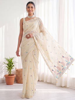 Akhilam - Womens Cotton Linen Cream Embroidered Saree