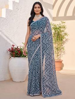 Akhilam - Womens Georgette Teal Printed Saree