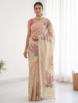 Akhilam - Womens Cotton Linen Cream Embroidered Saree