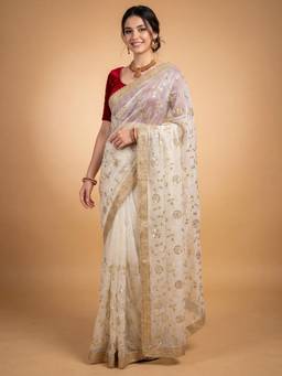 Akhilam - Womens Satin Off White Embroidered Saree