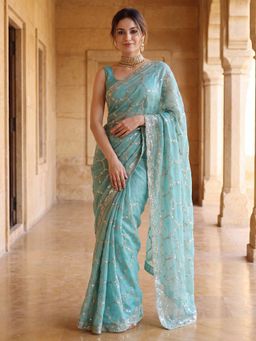 Akhilam - Womens Satin Blue Embroidered Saree