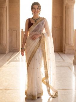 Akhilam - Womens Satin White Embroidered Saree