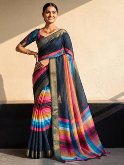 Akhilam - Womens Linen Multi-Colour Printed Saree