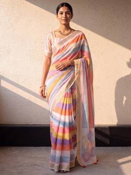 Akhilam - Womens Linen Multi-Colour Printed Saree