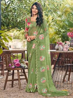 Akhilam - Womens Chiffon Green Printed Saree