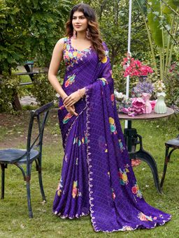 Akhilam - Womens Chiffon Purple Printed Saree