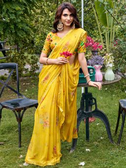 Akhilam - Womens Chiffon Yellow Printed Saree