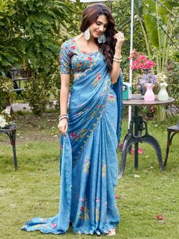Akhilam - Womens Chiffon Blue Printed Saree