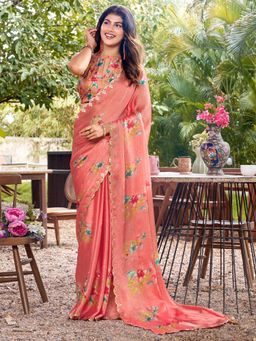 Akhilam - Womens Chiffon Peach Printed Saree