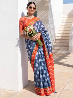 Akhilam - Womens Cotton Blue Printed Saree