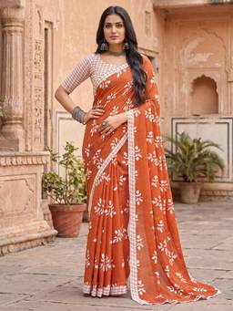 Akhilam - Womens Cotton Orange Printed Saree