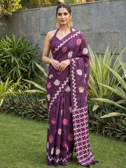 Akhilam - Womens Cotton Purple Printed Saree