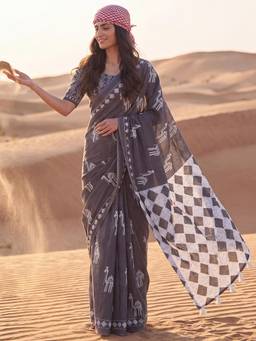 Akhilam - Womens Cotton Grey Printed Saree