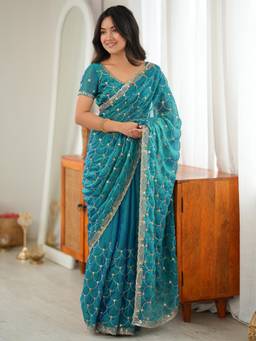 Akhilam - Womens Tissue Blue Embroidered Saree