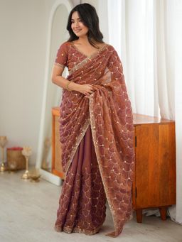 Akhilam - Womens Tissue Rust Embroidered Saree