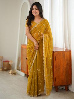 Akhilam - Womens Tissue Mustard Embroidered Saree