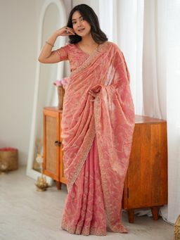 Akhilam - Womens Tissue Peach Embroidered Saree