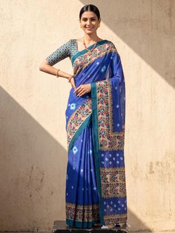 Akhilam - Womens Cotton Blue Printed Saree