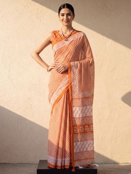 Akhilam - Womens Cotton Orange Printed Saree