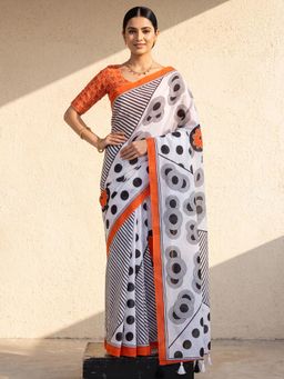 Akhilam - Womens Cotton White Printed Saree