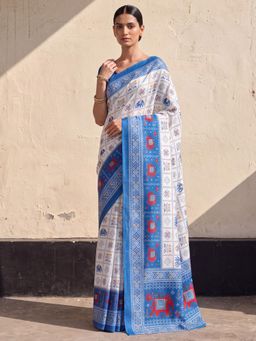 Akhilam - Womens Cotton White Printed Saree