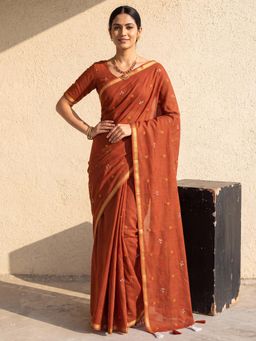 Akhilam - Womens Cotton Brown Embroidered Saree
