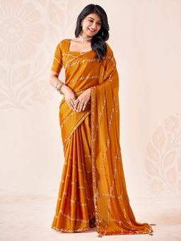Akhilam - Womens Chiffon Mustard Embroidered Saree