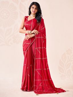 Akhilam - Womens Chiffon Red Embroidered Saree