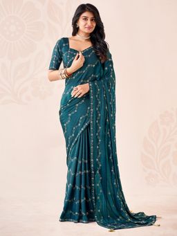 Akhilam - Womens Chiffon Teal Embroidered Saree