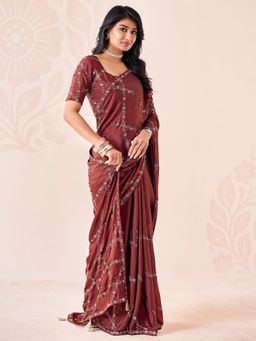 Akhilam - Womens Chiffon Brown Embroidered Saree