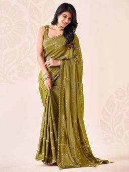 Akhilam - Womens Chiffon Olive Embroidered Saree