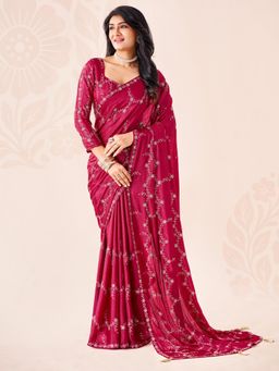 Akhilam - Womens Chiffon Pink Embroidered Saree