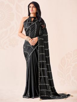 Akhilam - Womens Chiffon Black Embroidered Saree