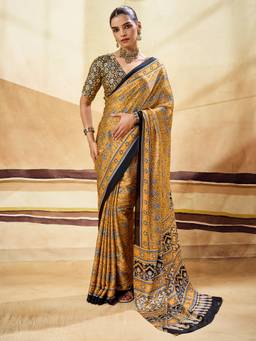 Akhilam - Womens Satin Mustard Printed Saree