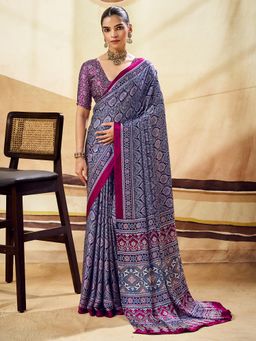 Akhilam - Womens Satin Blue Printed Saree