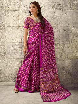 Akhilam - Womens Satin Magenta Printed Saree