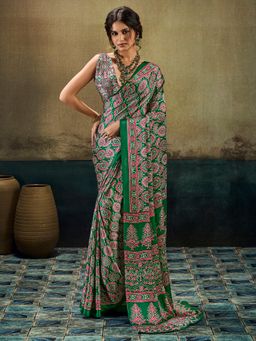 Akhilam - Womens Satin Green Printed Saree