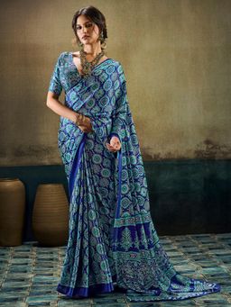 Akhilam - Womens Satin Blue Printed Saree