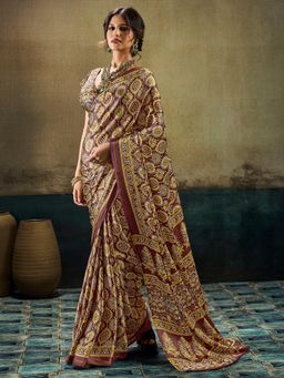 Akhilam - Womens Satin Brown Printed Saree