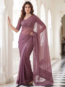 Akhilam - Womens Georgette Mauve Embroidered Saree