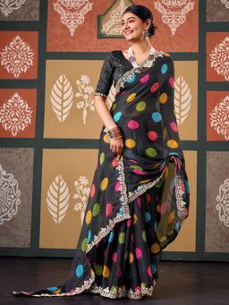 Akhilam - Womens Chiffon Black Embroidered Saree
