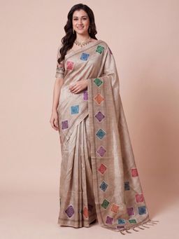 Akhilam - Womens Cotton Silk Beige Embroidered Saree
