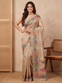 Akhilam - Womens Cotton Silk Beige Embroidered Saree
