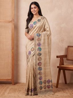 Akhilam - Womens Cotton Silk Beige Embroidered Saree