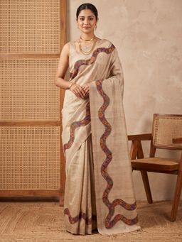 Akhilam - Womens Cotton Silk Beige Embroidered Saree