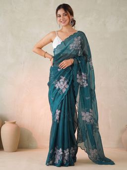 Akhilam - Womens Organza Teal Embroidered Saree
