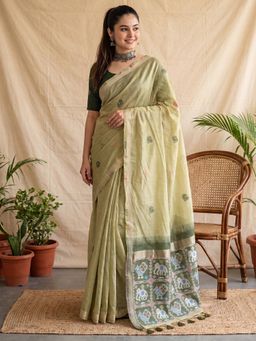 Akhilam - Womens Cotton Linen Green Handloom Saree