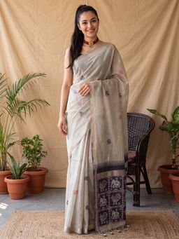 Akhilam - Womens Cotton Linen Beige Handloom Saree