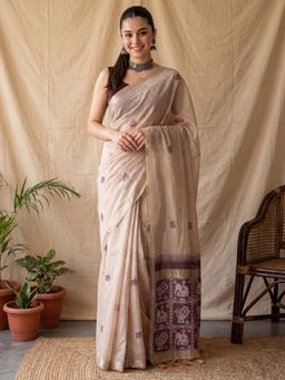 Akhilam - Womens Cotton Linen Beige Handloom Saree